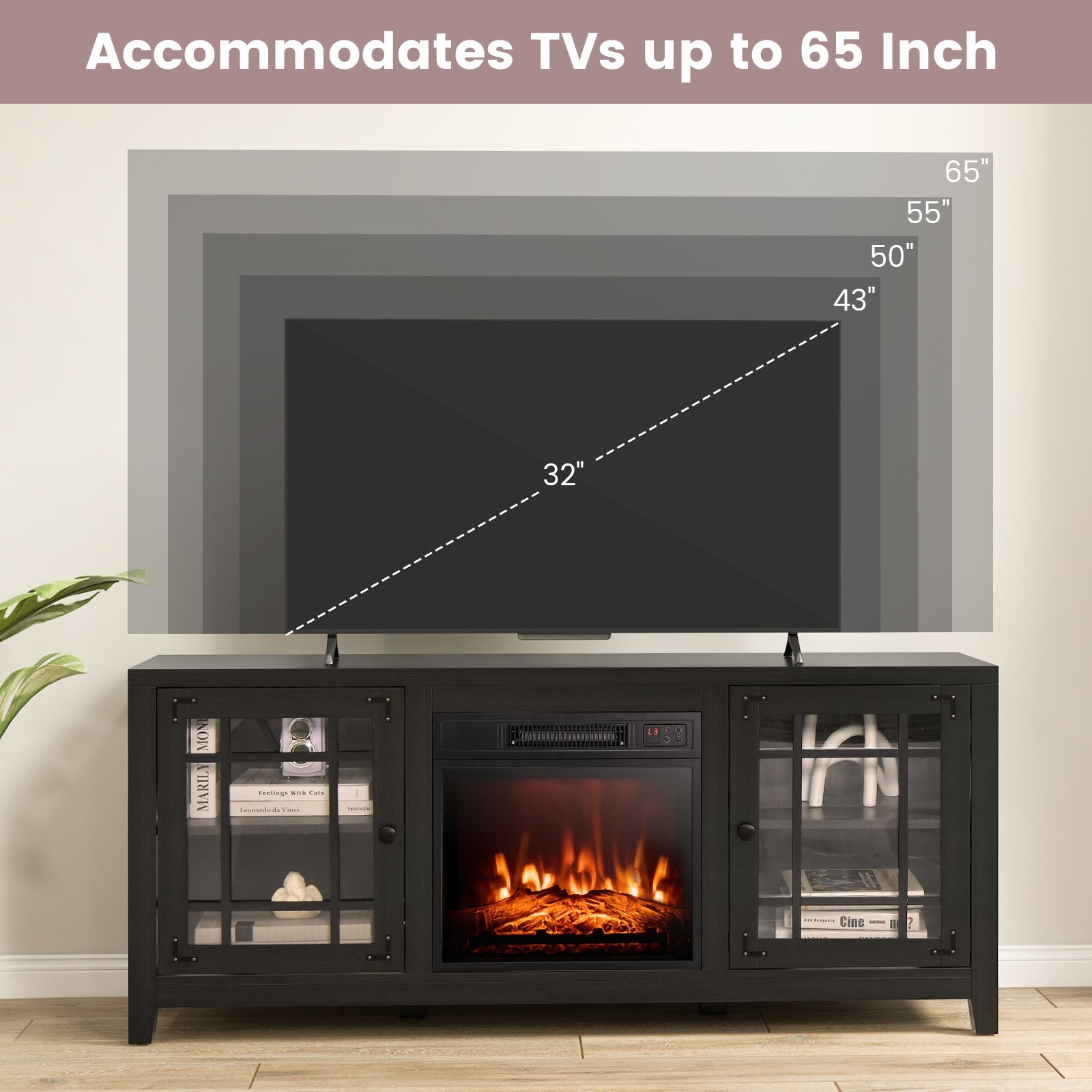 58 Inch Fireplace TV Stand with Adjustable Shelves for TVs up to 65 Inch-Black