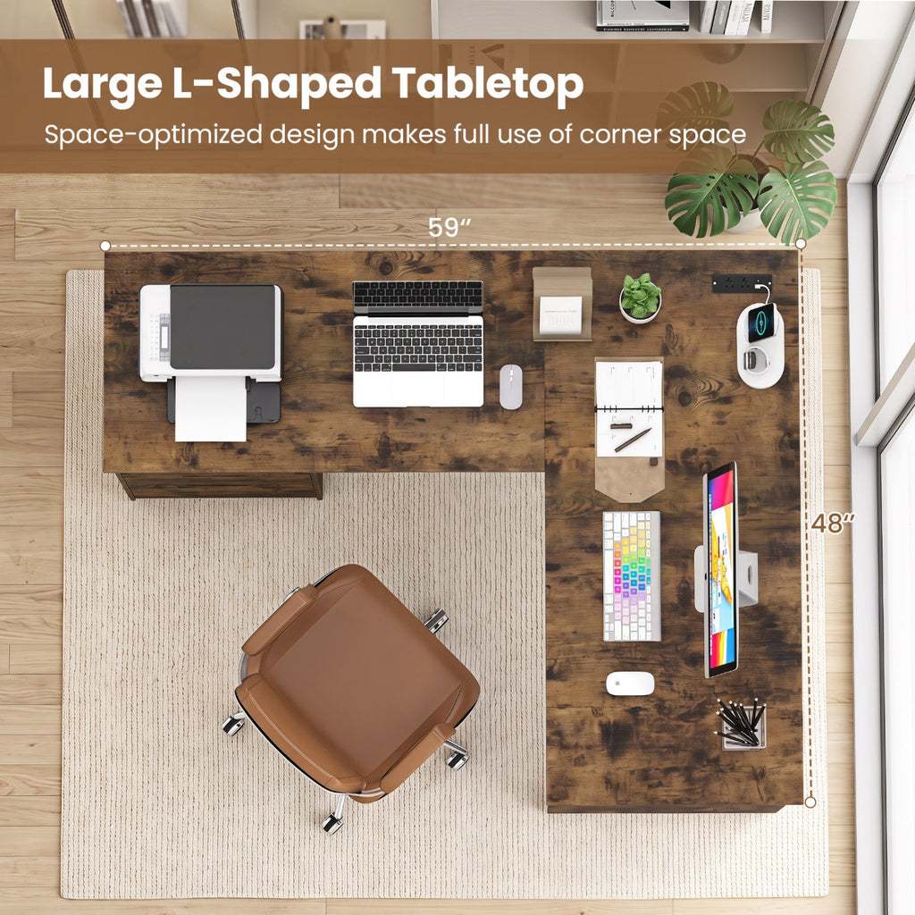 59" L-Shaped Executive Desk with Power Outlets and Storage