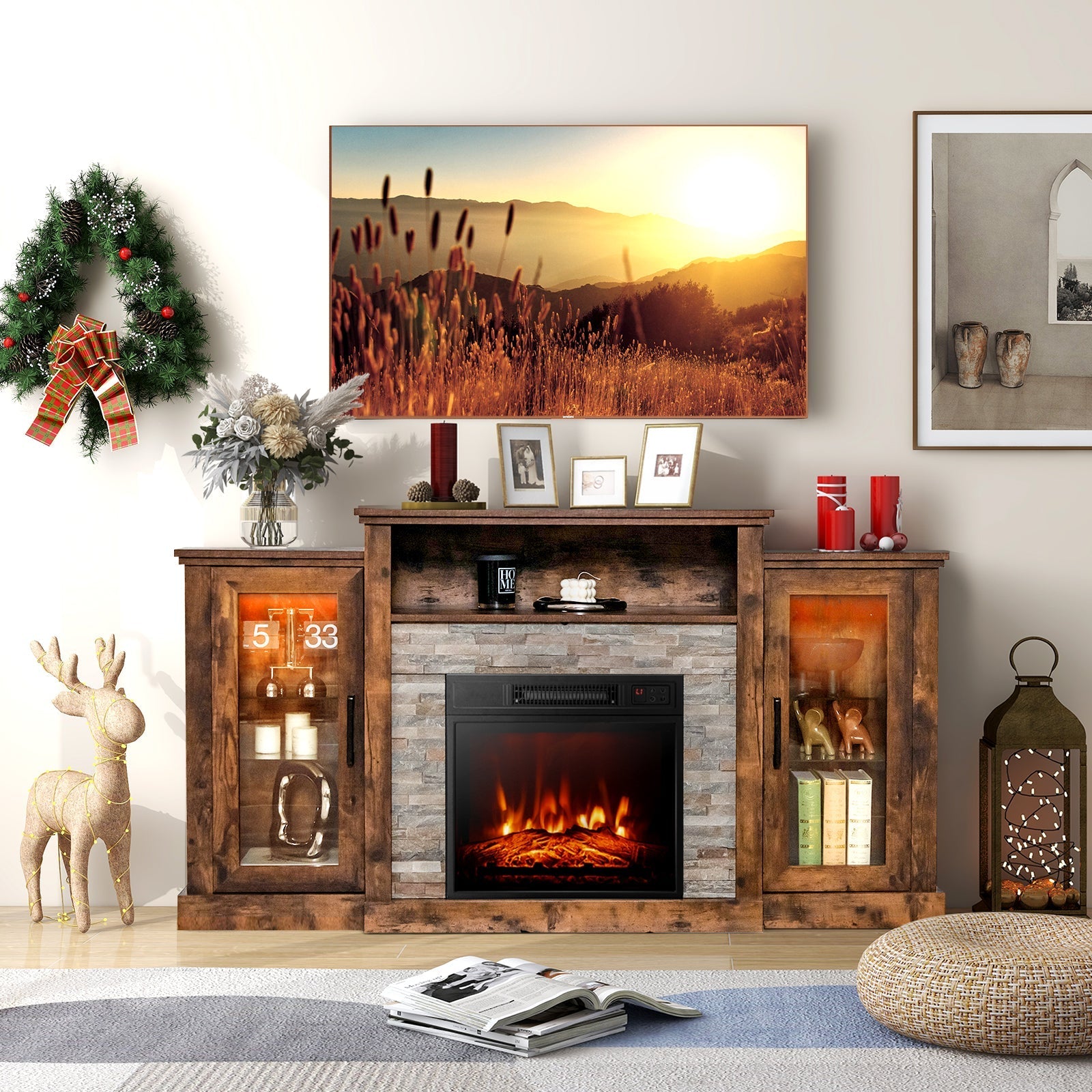 Fireplace TV Stand with 16-Color Led Lights for TVs up to 65 Inch