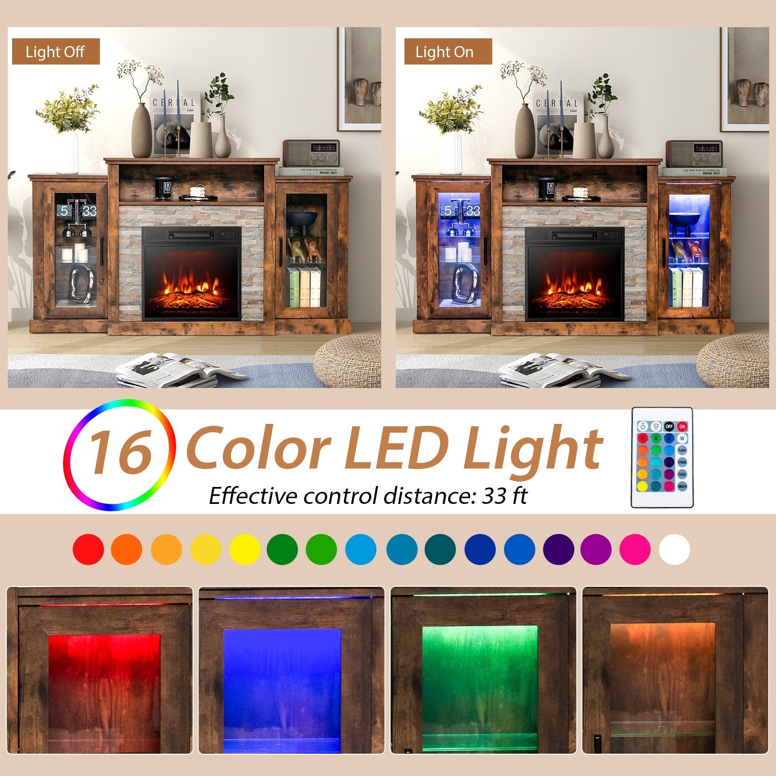 Fireplace TV Stand with 16-Color Led Lights for TVs up to 65 Inch