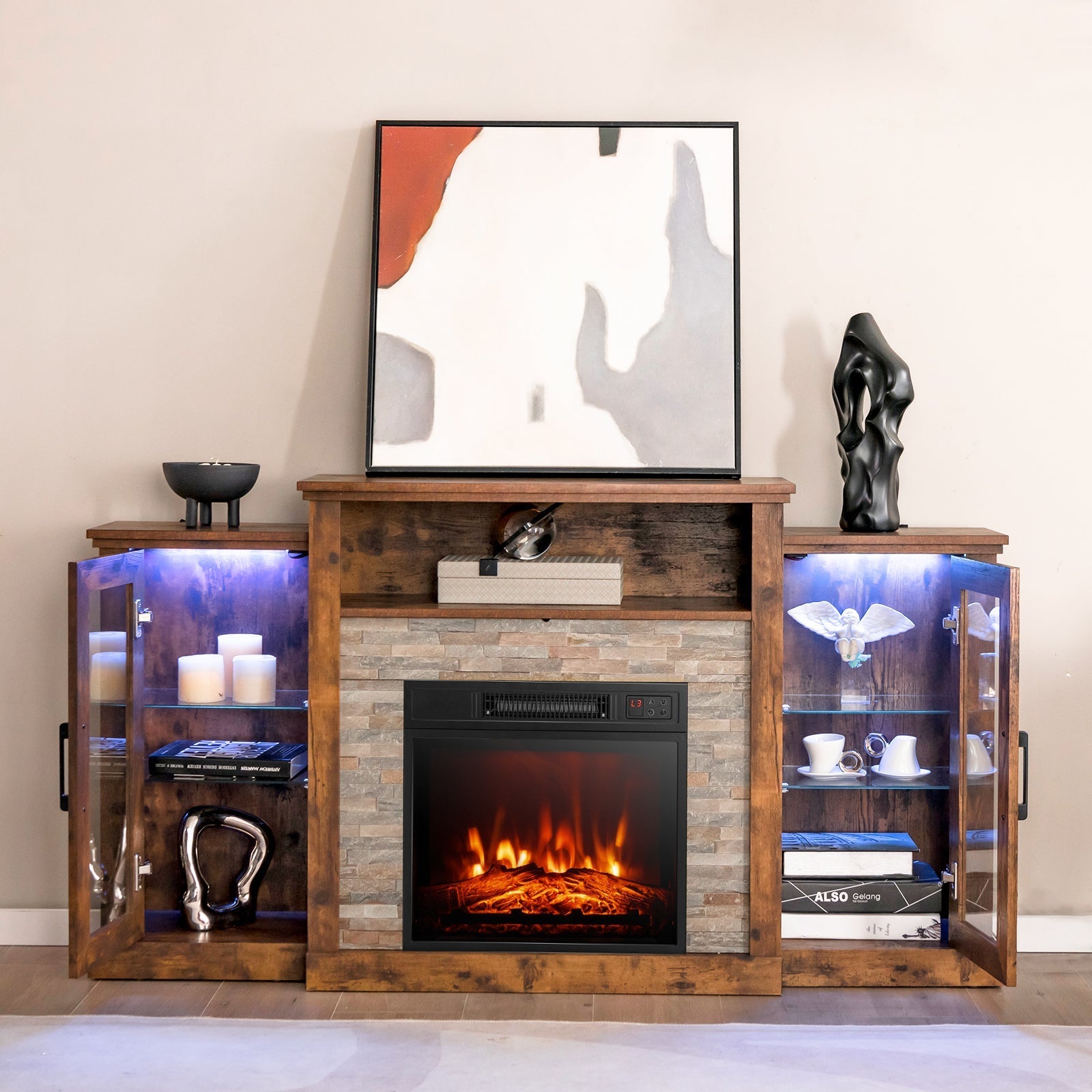 Fireplace TV Stand with 16-Color Led Lights for TVs up to 65 Inch