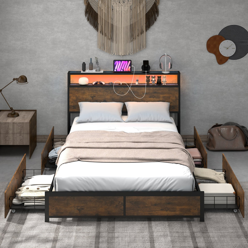 Full/Queen Size Bed Frame with Smart LED Lights and Storage Drawers