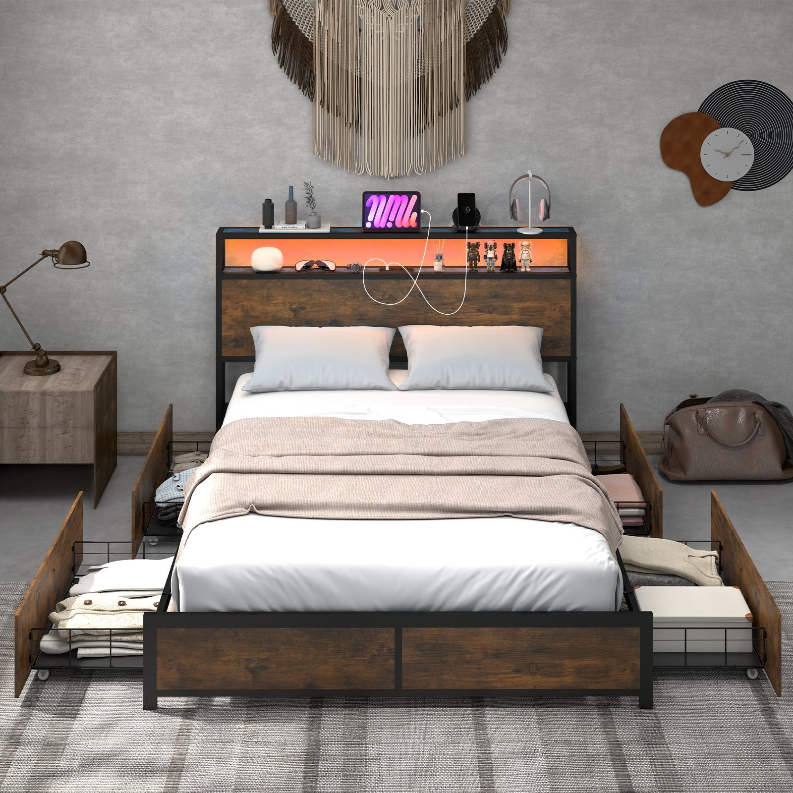 Full/Queen Size Bed Frame with Smart LED Lights and Storage Drawers