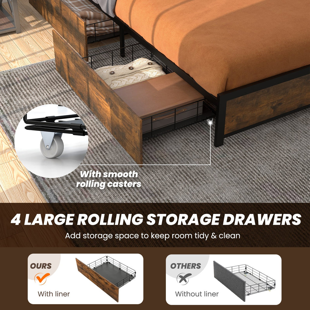 Full/Queen Size Bed Frame with Smart LED Lights and Storage Drawers