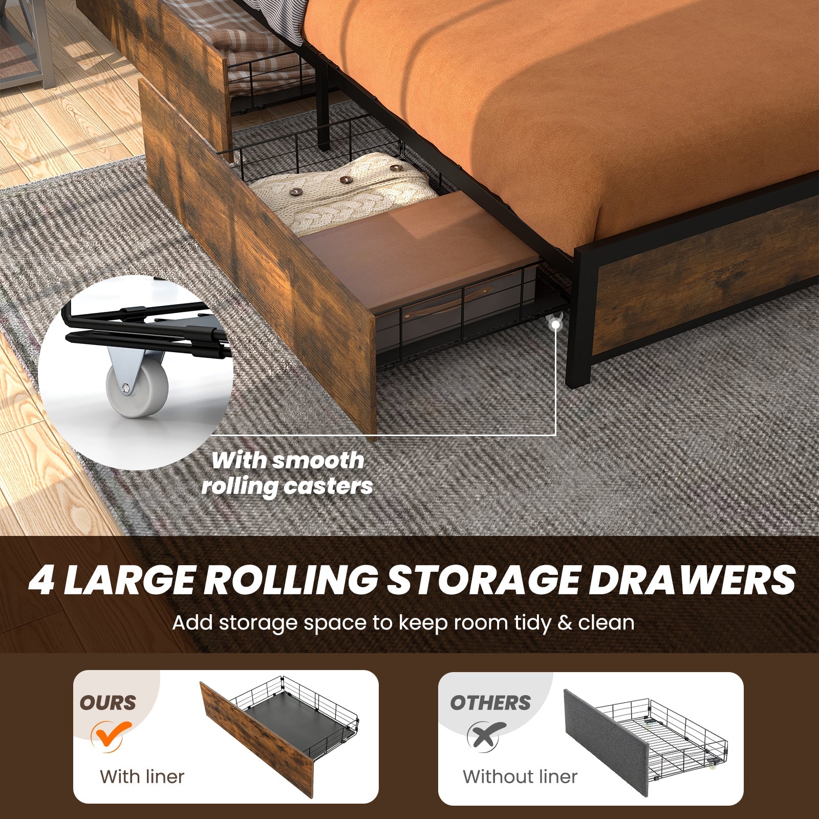 Full/Queen Size Bed Frame with Smart LED Lights and Storage Drawers
