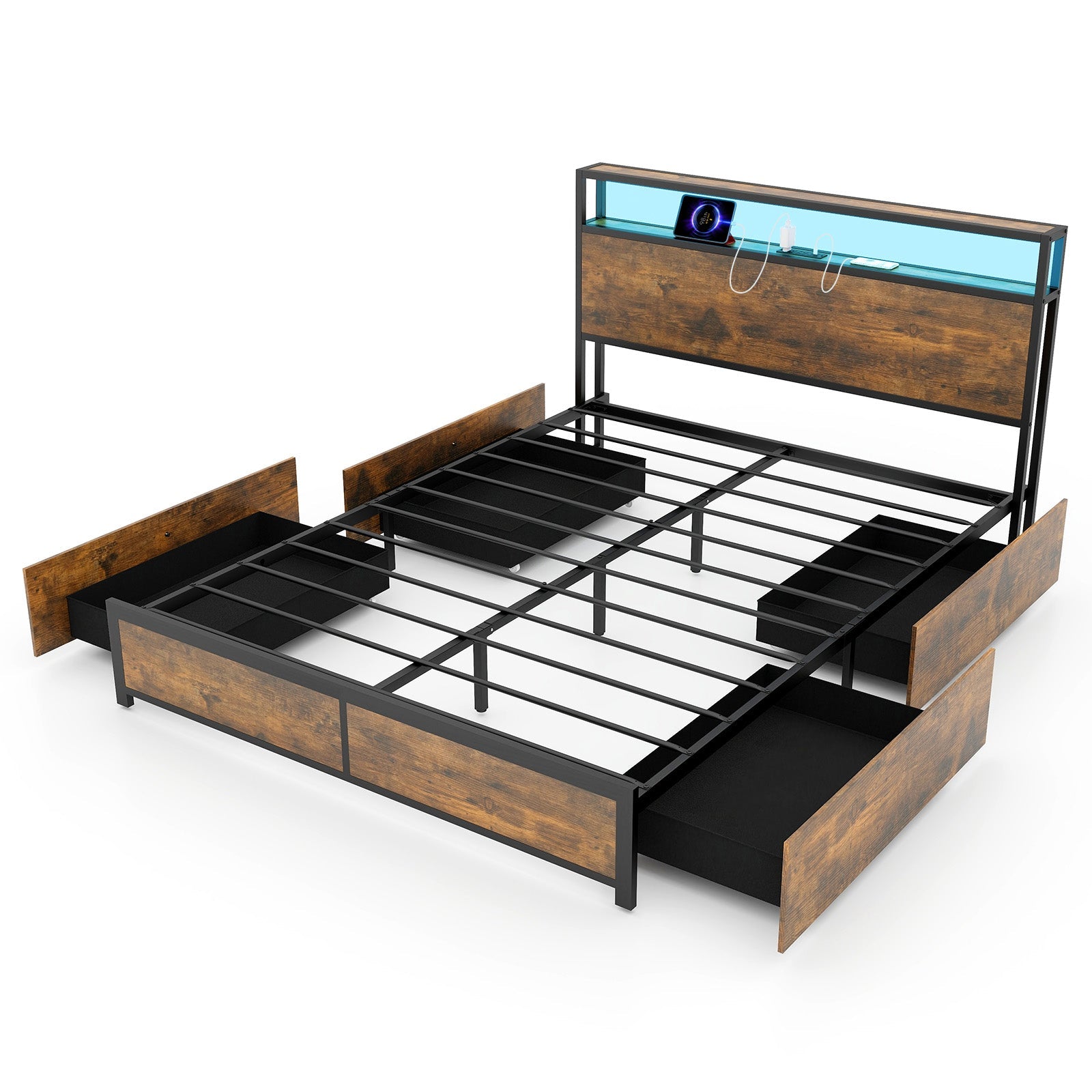 Full/Queen Size Bed Frame with Smart LED Lights and Storage Drawers